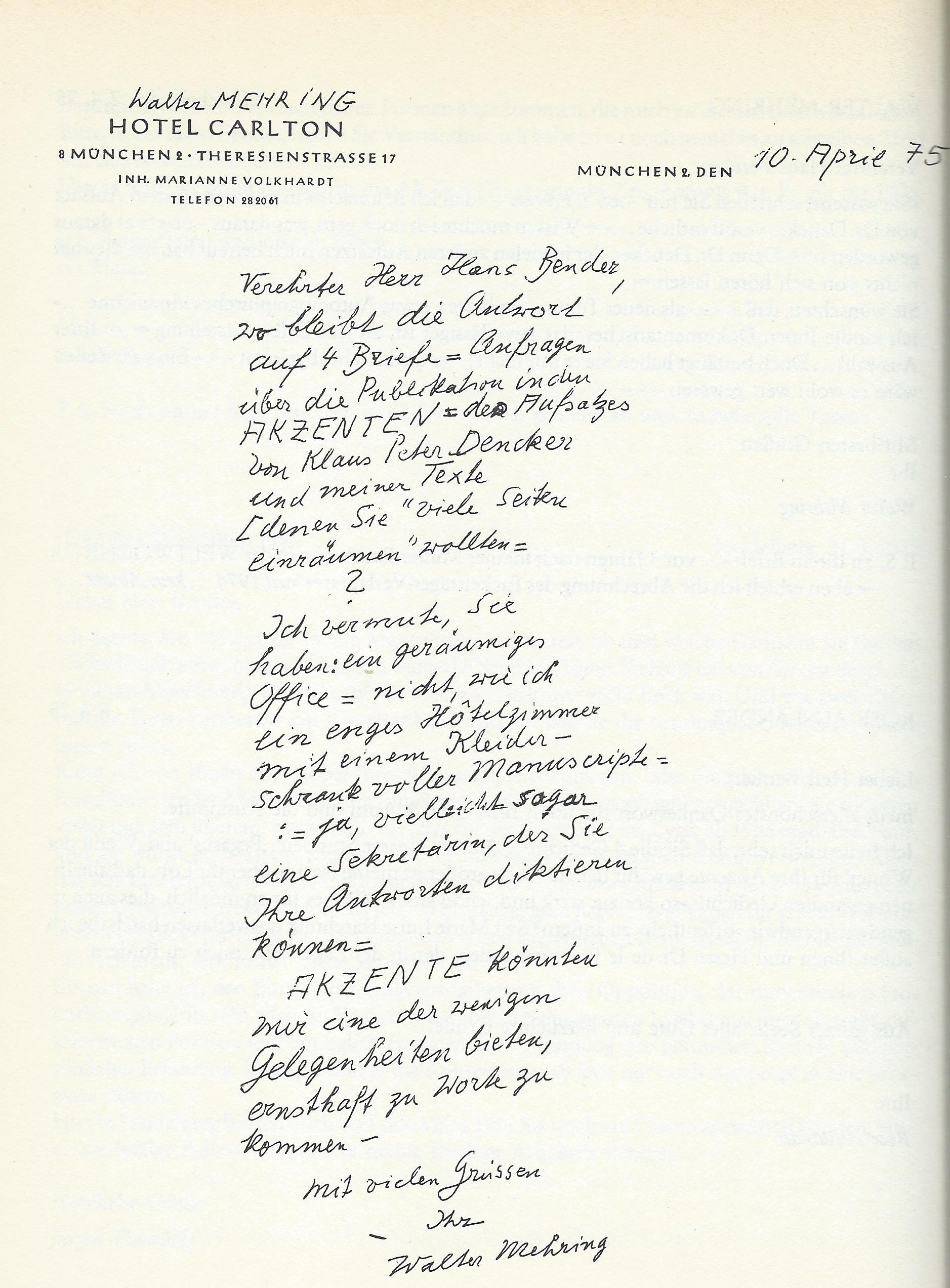 Brief an Hans Bender vom 10. April 1975
