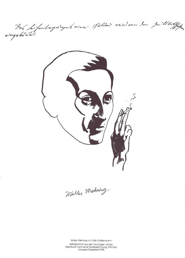 Selbstporträt Walter Mehrings als Siebdruck des Verlages