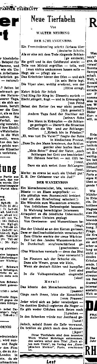 Neue Tierfabeln von Walter Mehring - Faksimile aus dem "Pariser Tagblatt", Nummer 502 / 3. Jahrgang