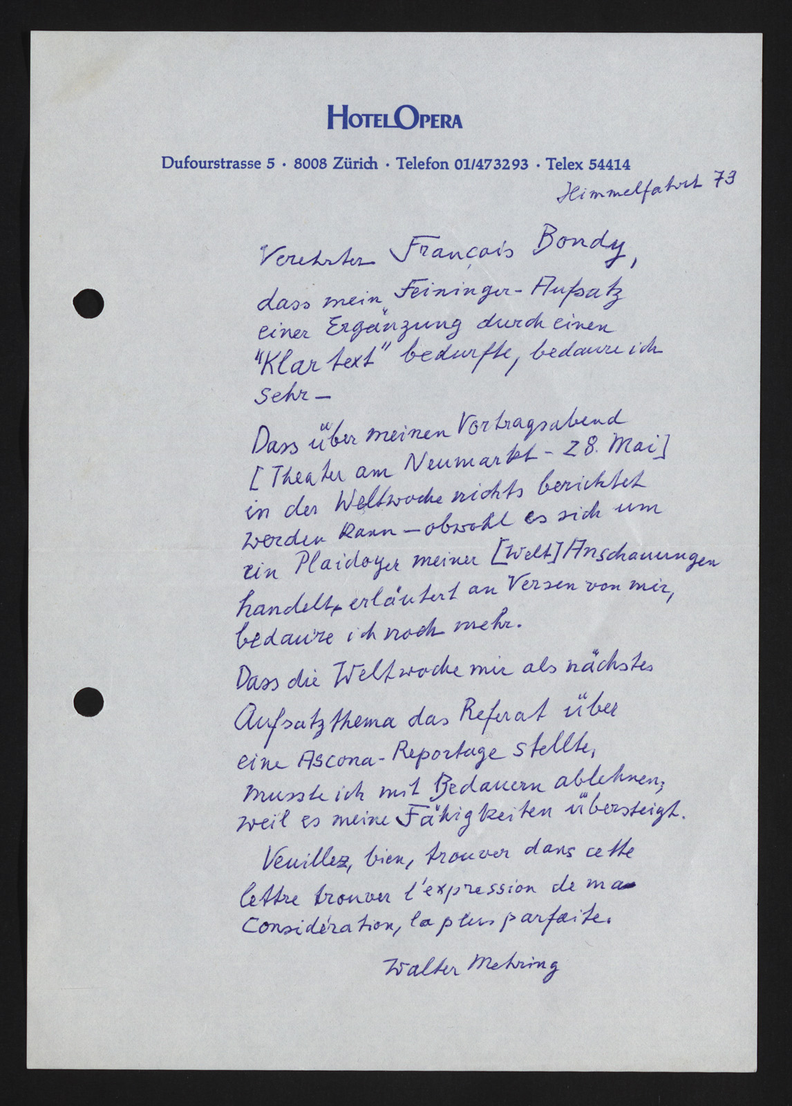 Brief Walter Mehring vom 31. Mail 1973 an François Bondy (1915–2003).