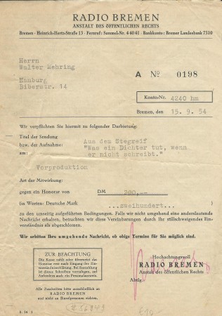 Vertrag zwischen radio Bremen und Walter Mehring aus dem Jahr 1954